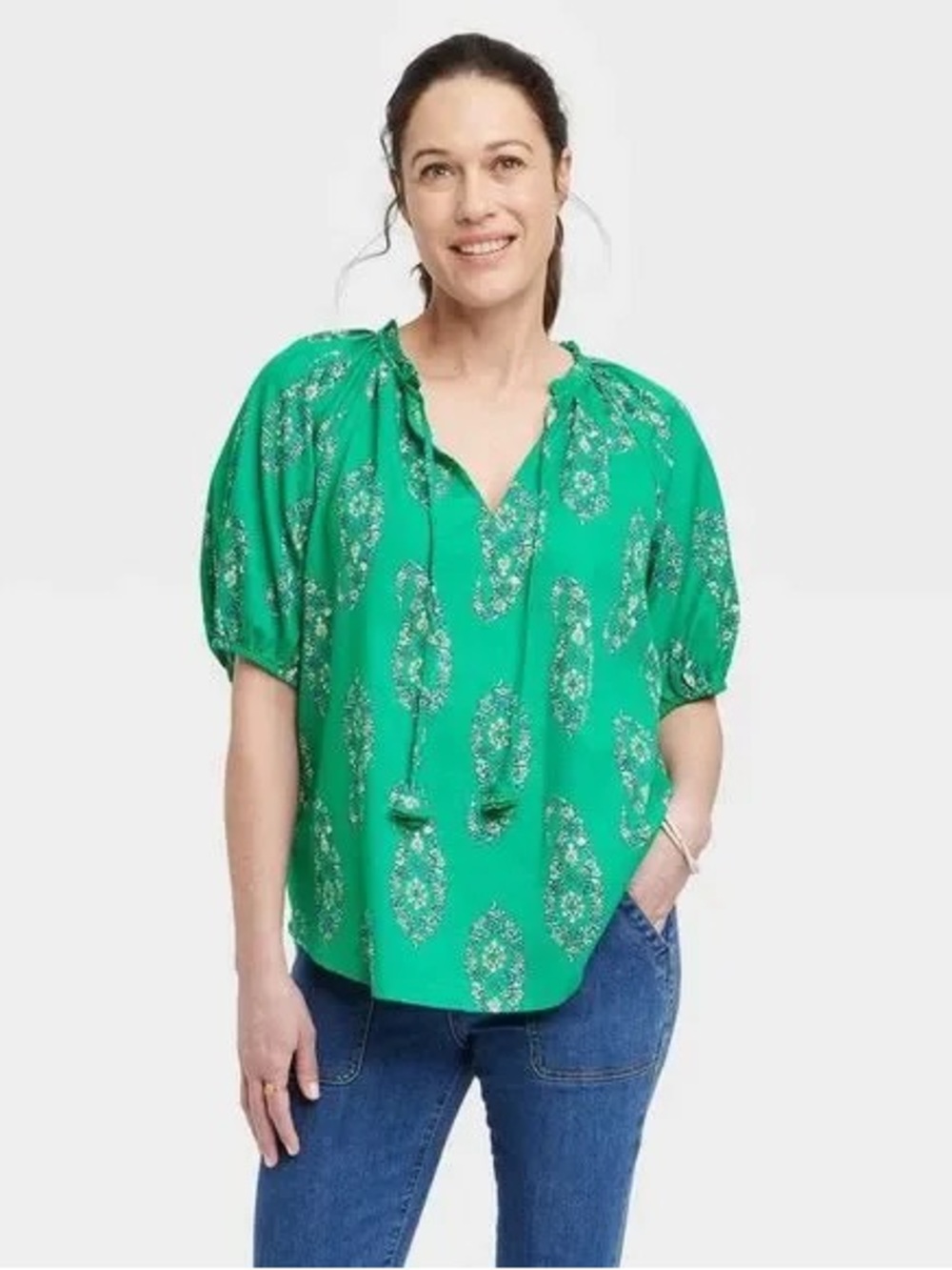 Knox Rose Green Paisley Peasant Blouse Tie-Neck Puff Sleeve Boho Top Large